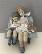 Lladro “Brother and Sister on a Bench with Dog and Bird” Figurine (#6446) picture
