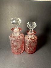 Pair Vintage Ruby Red Floral Glass Perfume Bottles Faceted Stoppers Vanity 6-7in picture