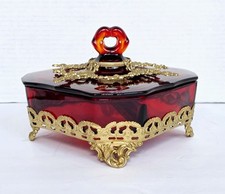 Vtg Paden City Red Glass Dish 3 Part Divided Ormolu Casket UV Glow Victorian picture