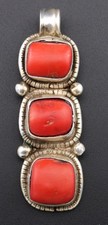 Heavy 34gm Antique Tibetan Silver Red Coral Dragon Serpent 2.5