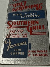 Hot Springs Arkansas Southern Grill Belvedere Restaurant Vtg 1940s Matchbook picture