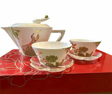 LIULI LIVING Asian Porcelain Floral Tea Set 6 oz Teapot w/2 Cups Saucers and Box picture