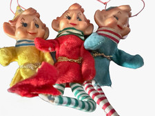 Vintage Knee Hugger Pixie Elves (Japan, c. 1950s) - Set 3 Ornaments picture