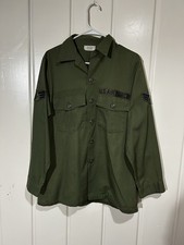 Vintage US Air Force USAF Olive Green Military Utility Shirt 15.5 x 33 Patches picture