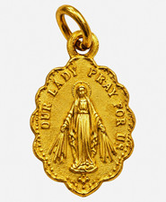 Vintage 18K Yellow Gold Miraculous Medal Virgin Mary Catholic Religious Pendant picture
