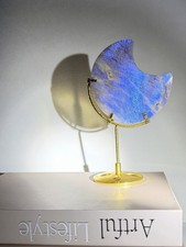 Strong Blue Flash Moonstone Crescent on Stand | Glittery Moonstone Moon Carving picture