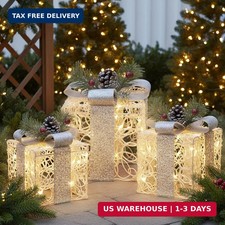 EAMBRITE White Christmas Decorations, Set of 3 Christmas Lighted Gift Boxes picture