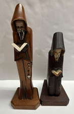 2 VTG Mexican Folk Art Hand Carved Wood Standing Hooded Monk Priest Friar picture