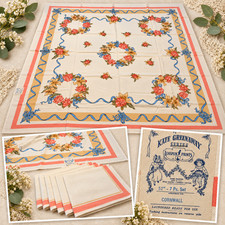 1946 Kate Greenaway Cornwall Tablecloth 52” Leacock Prints with 6 Napkins NOS picture