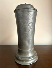 Antique 18th Century German Pewter Hand Etched Lidded Beer Stein for a Tradesman picture