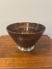 VTG MCM Hand Turned Genuine Mahogany Salad Bowl Footed Pewter Base 10