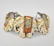 Vintage Japanese Silver Toshikane Painted Gilt Porcelain Elephants Link Bracelet picture