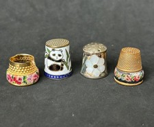 LOT OF 4 VTG THIMBLES:CLOISONNE ENAMEL PANDA,,ABALONE SHELL FLOWER,PETIT POINT picture
