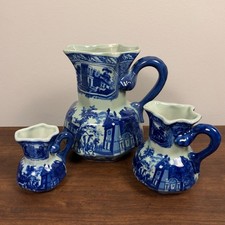 Vintage Blue & White Ironstone Style Pitchers – Graduated Set of 3 picture