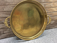 Vintage MCM Round Brass Reticulated Tray Ornate Handles 13