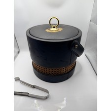 Vintage 60s 70s Black Cane Rattan Ice Bucket Barware w/ EKCO Eterna Tongs picture