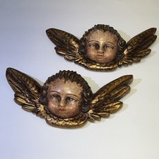 LOT of 2- VINTAGE Cherubs/Angels Hand Painted/Hand Carved Wall Mount 8 x 3