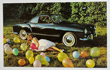 Vintage ca 1960s VW Postcard Volkswagen Karmann Ghia balloons woman advertising picture