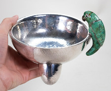 Vintage Los Castillo Silver Molcajete Bowl with Malachite Parrot picture