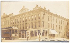 real photo Peru IN - Bearss Hotel train trolley mailed 1908 antique pc RPPC picture
