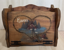 VTG Wooden Bread Box Drop-Front Lid Painted Heart Folk Art Barn Brown 16x12x9 picture