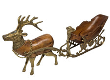 Vintage Brass Sleigh Reindeer Christmas Around The World Carved Wood reindeer picture