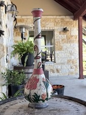 Vintage 23” Indonesian Hand Carved Wood Floral Vase – Distressed Folk Art picture