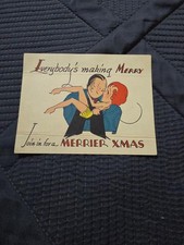 Antique Vintage 1930s Art Deco Risque Christmas Greeting Card Kissing Couple... picture