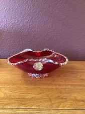 Vintage Murano Ruby Red Art Glass Bowl With Gold Aventurine Accents With Sticker picture
