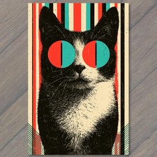 POSTCARD Cat Psychedelic Glasses Stripes Bold Retro Colors Pop Graphic picture