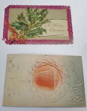 2 Antique Christmas Postcards 1907 Bell Holly Heavily Embossed Paper Lace Edge picture