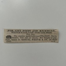 Samuel Weltch & Co. For City Point & Richmond 1860 Boston Clipping TAJ7-S65 picture