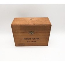 Antique Vtg Robert Fulton Wooden Cigar Box Hinged Lid Tobacco Storage Case Large picture
