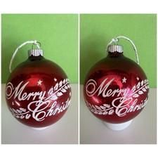 2 SHINY BRITE Red Glass Christmas Ornaments /  Merry Christmas / stars / holly picture