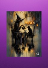 Witch Pours Tea for Cat ACEO Giclee | Halloween Hollow Folk Art | Cozy picture