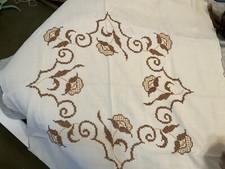 Vintage Tablecloth Hand stitched Beige And Brown Color Profile 38 X 38  picture