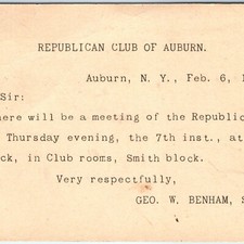1895 Auburn, NY Republican Club Postal Card Meeting Invite Geo Benham Politic picture