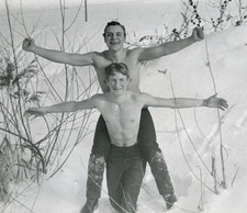 Shirtless affectionate Handsome young men couple hug in love beach gay vtg photo picture