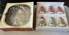 6 Vintage Shiny Brite Christmas striped glass bell shaped ornaments picture
