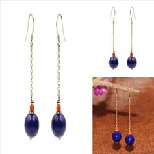 A pair Lapis lazuli Red coral Gemstone DIY Earrings 18K hook Office Hoop Crystal picture