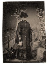 1880s Lady Beaded Fashion Hat Purse Painted Backdrop 1/6 Plate Tintype Antique picture