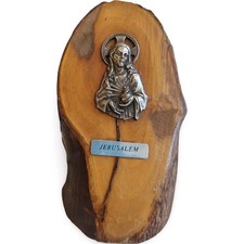 Natural Edge Olive Wood Standing Plaque Sacred Heart Jesus Jerusalem Souvenir picture