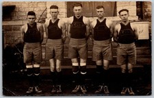 RPPC c1910s Basketball Team Group Stone Building ANTIQUE Postcard 10358 picture