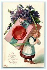 Spectacular EAS Girl Present New Year 1909 Embossed Vintage Antique Postcard picture