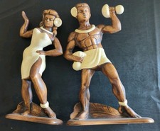 Rare Vintage Pair Couple Treasure Craft of Hawaii Polynesian Statue Lady Dancer picture