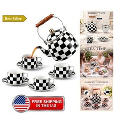 9 Pcs Checkered Teapot Set with Wooden Handle, Black and White Vintage picture