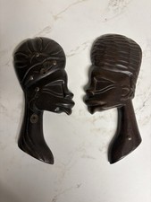 Vintage African Hand Carved Wood Wall Plaques Pair Man Woman Head 10” Tribal picture