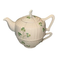 Belleek Ireland Shamrock Tea for One Stacking Teapot Cup Set Harp Vintage picture