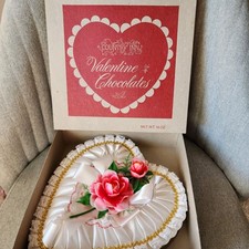 Vintage 70s Sears Roebuck Valentine Heart Candy Box Empty Chocolate Lace Rose picture