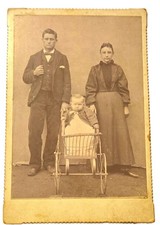 Antique 1890s 1900s Photo Family Portrait Baby Wicker Stroller Buggy Pinned Edge picture